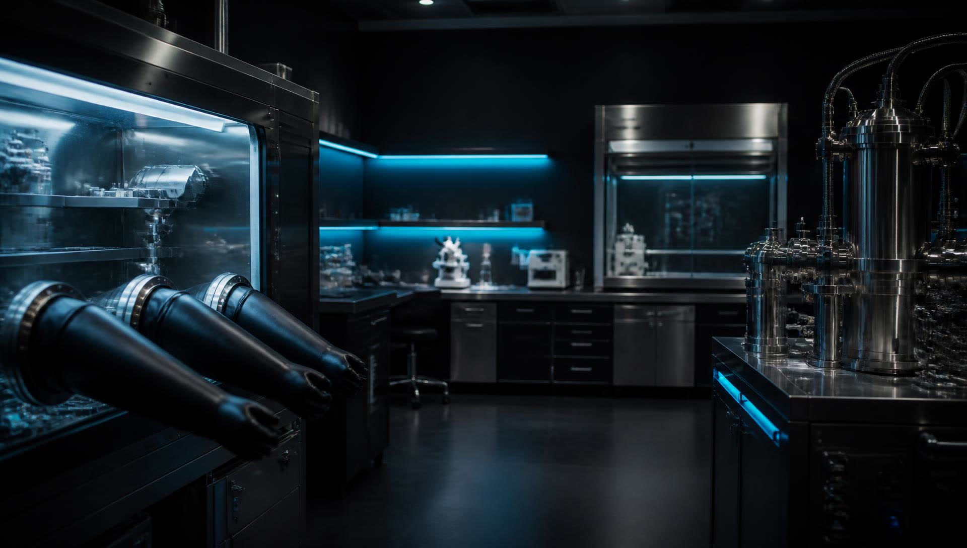 Dark battery research laboratory with a glovebox and process equipment