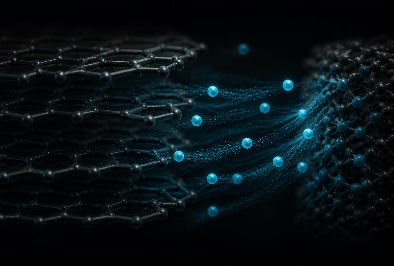 Abstract visualisation of lithium ions moving between layered electrode structures